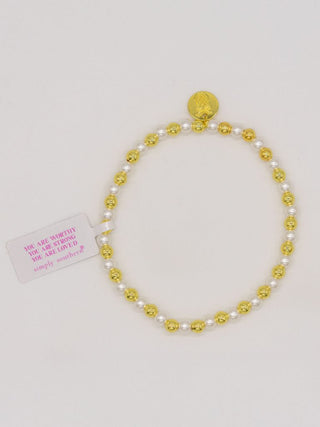 Simply Southern Positivity Pearl Bracelet with gold-tone and pearlescent beads plus signature logo charm – stylish women’s bracelet from Sweet Southern Charm