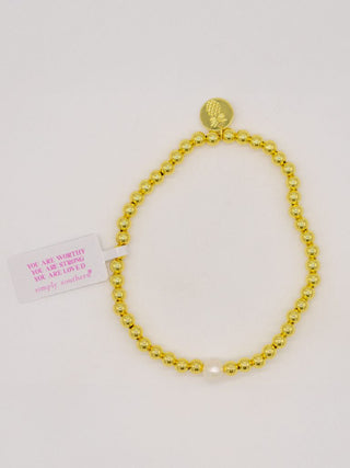 Simply Southern Positivity Pearl Bracelet with gold-tone and pearlescent beads plus signature logo charm – stylish women’s bracelet from Sweet Southern Charm