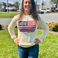 Simply Southern Preppy Crew Sweater 🇺🇸 Features American flag design, round neck & oversized fit. 100% cotton—classic preppy style made comfy!