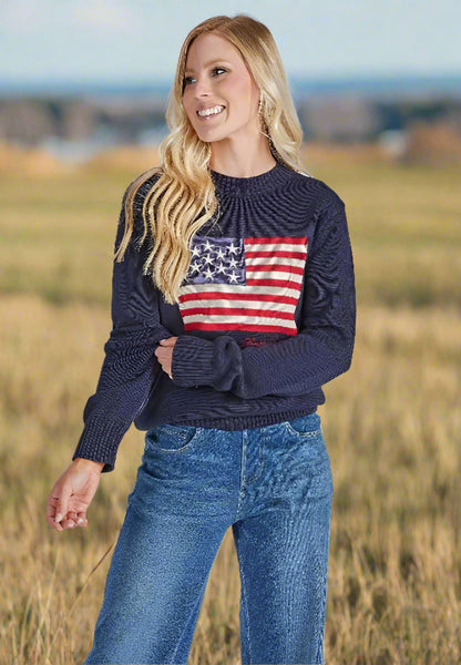 Simply Southern Preppy Crew Sweater with American flag design, oversized cotton knit pullover from Sweet Southern Charm