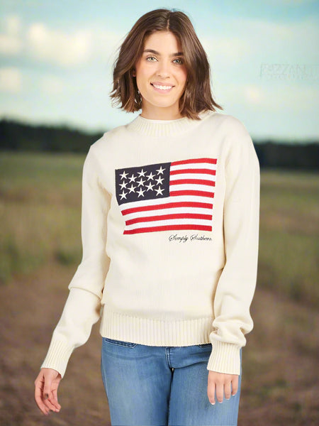 Simply Southern Preppy Crew Sweater with American flag design, oversized cotton knit pullover from Sweet Southern Charm