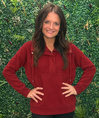 Color | Dark Red
Fabric Feel | Soft, textured ribbed knit
Fabric Content | 81% polyester, 19% spandex
Neckline | Half zip
Finishing Detail | Shimmer detail