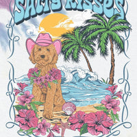 simply southern tee
beach cowgirl salty kisses 
printed on a tie dye tee 
features tropical scene with a dog wearing a cowgirl hat, palm trees, tropical flowers and the ocean.