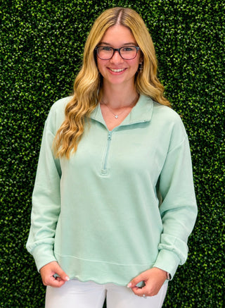 Simply Southern Scalloped Pullover - Harbor 
Light blue pullover with quarter zip detail and a scallop hem