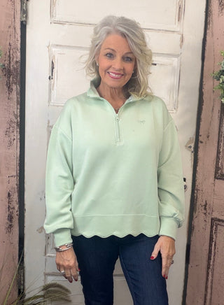 Simply Southern pullover, scalloped hem pullover, women’s casual pullover, zip mock neck top, cozy women’s top, modal blend pullover, Sweet Southern Charm Simply Southern