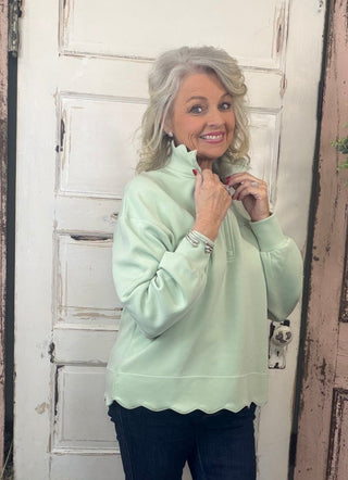Simply Southern pullover, scalloped hem pullover, women’s casual pullover, zip mock neck top, cozy women’s top, modal blend pullover, Sweet Southern Charm Simply Southern