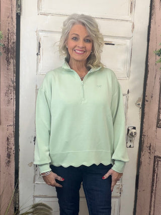 Simply Southern pullover, scalloped hem pullover, women’s casual pullover, zip mock neck top, cozy women’s top, modal blend pullover, Sweet Southern Charm Simply Southern