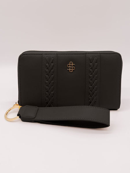 Simply Southern braided PU leather wallet with zip top, card slots, wristlet strap, and gold logo emblem