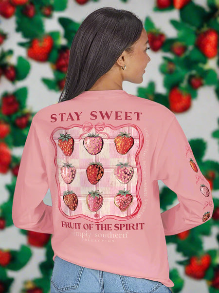 Pink long-sleeve shirt with strawberry design