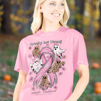 Simply Southern Breast Cancer Awareness Tee. "spooky strong" features a pink breast cancer ribbon with leopard ghost and white ghost wearing pink bows. 