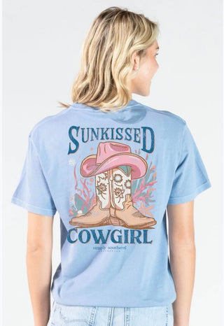 Simply Southern Short Sleeve Tee 
Features cowgirl boots with cowgirl hat with beach coral behind it with the saying "Sunkissed Cowgirl"