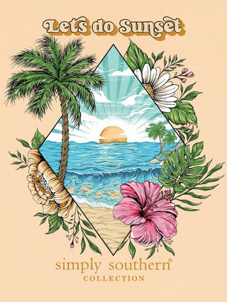 Simply Southern Tee
features the saying "Let's do sunset", tropical beach print with palm trees, sunset and the ocean. 
Printed on a sun yellow tee