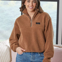 Simply Southern Taylor Half Zip Pullover – sherpa fleece with mock neck collar, front pockets, and chest logo from Sweet Southern Charm