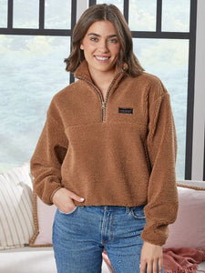 Simply Southern Taylor Half Zip Pullover – sherpa fleece with mock neck collar, front pockets, and chest logo from Sweet Southern Charm