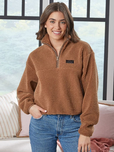 Simply Southern Taylor Half Zip Pullover – sherpa fleece with mock neck collar, front pockets, and chest logo from Sweet Southern Charm