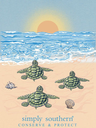 simply southern tee
tracking turtle tee 
printed on a dule color shirt 
features three turtles, sunset and ocean