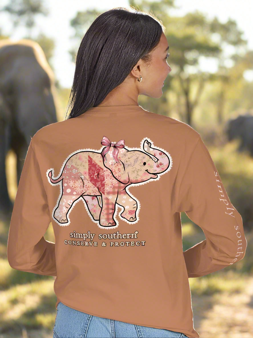 Simply Southern Long Sleeve Tee 
Elephant Patch Work with a bow