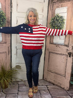 Simply Southern USA sweater with striped body and embroidered star details on sleeves, women’s relaxed-fit patriotic knit sweater.
