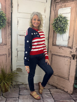 Simply Southern USA sweater with striped body and embroidered star details on sleeves, women’s relaxed-fit patriotic knit sweater.
