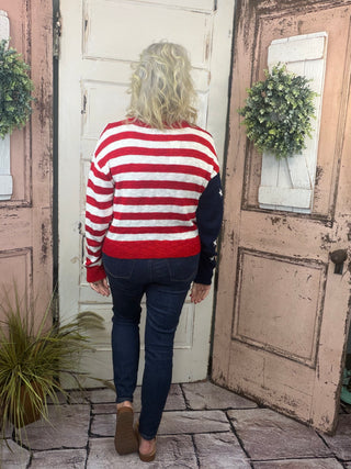 Simply Southern USA sweater with striped body and embroidered star details on sleeves, women’s relaxed-fit patriotic knit sweater.