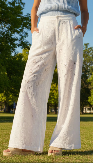 Simply Southern pearl white eyelet wide leg pants with flat front waistband, elastic back, and zipper fly closure.

Simply Southern pants, white eyelet pants, wide leg pants women, pearl white trousers, summer wide leg pants, boutique women’s bottoms, Sweet Southern Charm Simply Southern