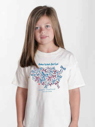 Simply Southern youth American Darlin white tee with USA map made of red and blue bows.