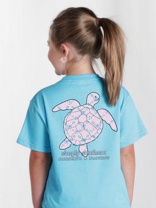 Simply Southern youth tracking turtle tee with QR code to track sea turtle.