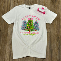 "Southern Couture ‘Holly Jolly Christmas Club’ short sleeve tee with 3 Christmas trees & bows. True to size & festive for the holidays."

