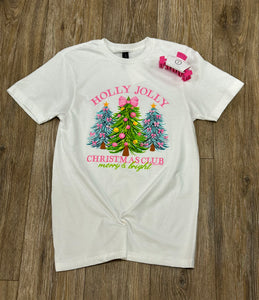 "Southern Couture ‘Holly Jolly Christmas Club’ short sleeve tee with 3 Christmas trees & bows. True to size & festive for the holidays."

