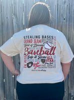 Southernology® Baseball Tee in cream with bold graphic on the back featuring iconic baseball phrases. Made from super-soft fabric for comfort, with a subtle Southernology® front logo. Perfect for baseball players, fans, and coaches, ideal for game day or casual wear."
