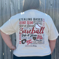 Southernology® Baseball Tee in cream with bold graphic on the back featuring iconic baseball phrases. Made from super-soft fabric for comfort, with a subtle Southernology® front logo. Perfect for baseball players, fans, and coaches, ideal for game day or casual wear."