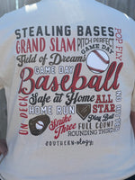 Southernology® Baseball Tee in cream with bold graphic on the back featuring iconic baseball phrases. Made from super-soft fabric for comfort, with a subtle Southernology® front logo. Perfect for baseball players, fans, and coaches, ideal for game day or casual wear.
