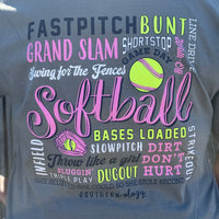 "Southernology® Softball Tee in gray with bold, colorful design on the back featuring softball-inspired phrases in pink, blue, and yellow. The tee has a relaxed fit, small front logo, and is made from a soft cotton blend, perfect for players, coaches, and fans. Ideal for game day or casual wear."