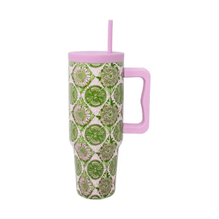 Hydration meets signature Lilly style. This 40-ounce stainless steel tumbler in the vibrant Tropical Tiles print is built for all-day sipping — cupholder-friendly, equipped with a reusable straw, and finished with a large carrying handle for easy transport wherever the day takes you.

Pattern | Tropical Tiles
Material | Durable stainless steel
Capacity | 40 oz.
Cupholder Compatible | Yes — designed to fit most standard cupholders
Includes | Reusable straw + large carrying handle
Best For | Commuting, travel