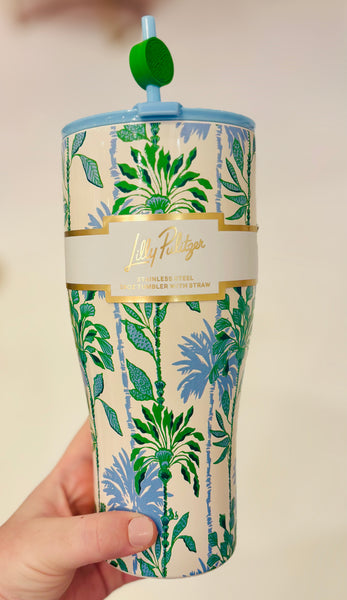 36oz tumbler, stainless steel tumbler, Swayin in the Breeze cup, large insulated cup, cupholder friendly tumbler, reusable straw tumbler, stylish drinkware. 36oz stainless steel tumbler in Swayin in the Breeze print with reusable straw and silicone logo charm