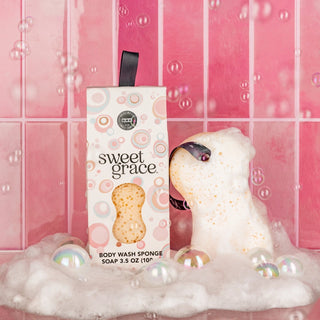 Indulge in the obsession-worthy scent of Sweet Grace while you cleanse, exfoliate, and hydrate your skin. Our luxurious bath sponge doubles as a gentle body buffer, creating a rich, creamy lather with just a little water and a squeeze. Pamper yourself with this simple self-care essential and enjoy the captivating fragrance of Sweet Grace all day long.

How to Use:
Wet sponge under warm running water and gently squeeze to form a creamy lather.
Massage over wet skin in a circular motion to leave you smelling 