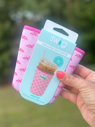 Iced Cup Coolie (Medium) – Flamingos
swig coolie 
light pink background with hot pink flamingos