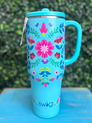 Mega Mug 40oz - Flora Azul
Swig Tumbler with handle 
aqua blue background with bright floral detail