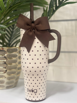 Capacity | Holds up to 40oz
Pattern | Mocha Dots
Construction | 304-18/8 stainless steel; condensation-free and non-breakable
Insulation | Double-walled, vacuum-sealed, and copper-plated
Temperature Performance | Cold 24+ hours; hot 9+ hours
Handle | Comfort-grip handle for easy carrying
Cup Holder Compatibility | Fits most standard cup holders
Base | Built-in silicone coaster base helps prevent slips, drips, and scratches
Lid | X-Large Straw Lid with flexible silicone gasket and plastic straw with silicone