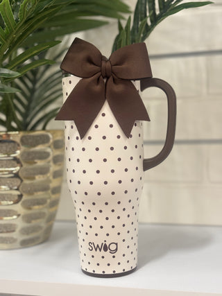 Capacity | Holds up to 40oz
Pattern | Mocha Dots
Construction | 304-18/8 stainless steel; condensation-free and non-breakable
Insulation | Double-walled, vacuum-sealed, and copper-plated
Temperature Performance | Cold 24+ hours; hot 9+ hours
Handle | Comfort-grip handle for easy carrying
Cup Holder Compatibility | Fits most standard cup holders
Base | Built-in silicone coaster base helps prevent slips, drips, and scratches
Lid | X-Large Straw Lid with flexible silicone gasket and plastic straw with silicone