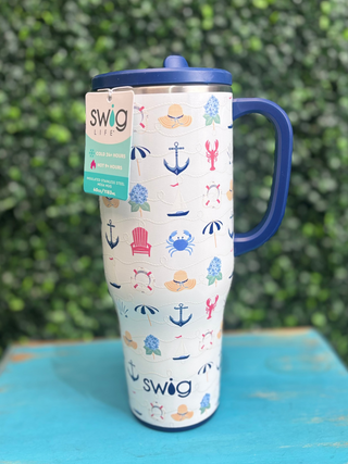 Mega Mug 40oz – Shoreline
Swig Tumbler with handle 
Pattern: crabs, lobster, umbrella, hats, flowers and more