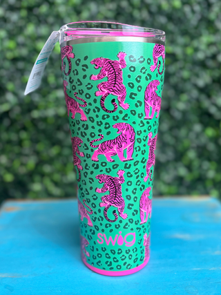 Tumbler 32oz - Easy Tiger
Swig tumbler 
green background with leopard print detail and hot pink tigers 