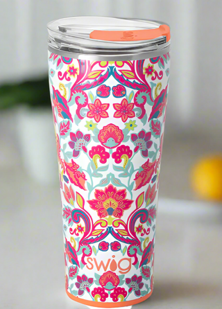 Swig 32oz tumbler 
flourish pattern 
bright bold spring cup with lid