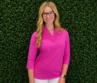 Aryeh Tabatha Ruffle Neck Top - Hot Pink
upf50 fabric sun protection 
three quarter sleeves and vneck ruffle collar