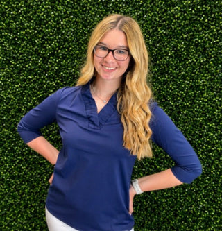 Aryeh Tabatha Ruffle Neck Top - Navy
three quarter sleeve top with vneck ruffle collar