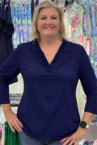 Tabatha Ruffle Neck Top - Navy