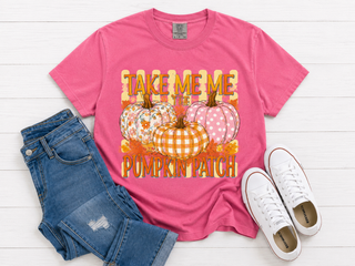 Take Me To The Pumpkin Patch Tee
Front Pattern Tee featuring a floral pumpkin, plaid pumpkin and polka dot pumpkin. printed on a pink comfort colors tee