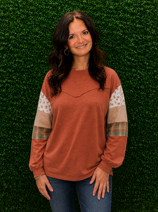 Neckline | Round neck
Sleeve | Long sleeve
Fit | Drop shoulder, oversized loose fit
Detail | Yoke floral print, plaid check color block, cut edge trim
Fabric | 100% Cotton knit
Care | Follow garment care label instructions