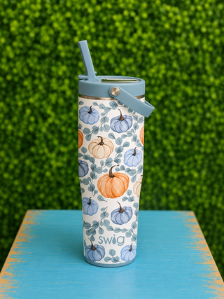 Design | Illustrated pumpkins, vines, and fall foliage in warm harvest tones
Capacity | 30 oz.
Lid | Dual-threaded Flip + Sip leakproof lid
Straw | Curved flip tab for easy one-handed sipping; snaps shut for leakproof carry
Handle | Flex carry handle
Base | Cup holder-friendly