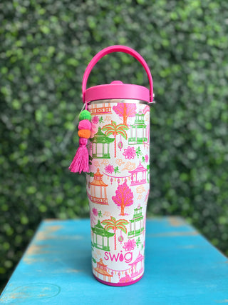 To-Go Tumbler 30oz - Pagoda Paradise
white tumbler with summer pattern bright pink orange green. hot pink lid with foldable straw